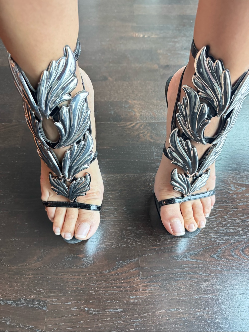 Metallic Silver Leaf Gladiator Sandals - Women